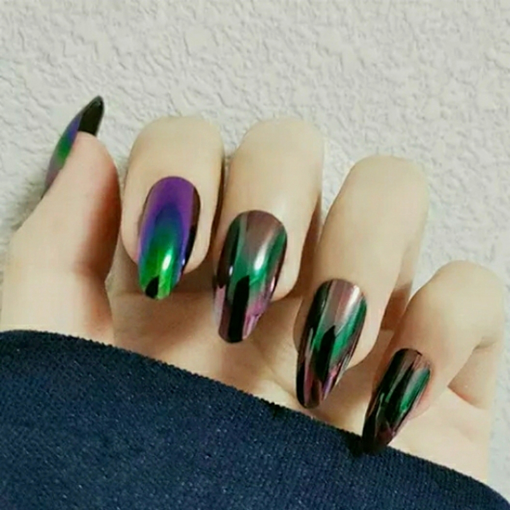 HOLOGRAPHIC PURPLE GREEN PRESS ON GLUE ON NAILS